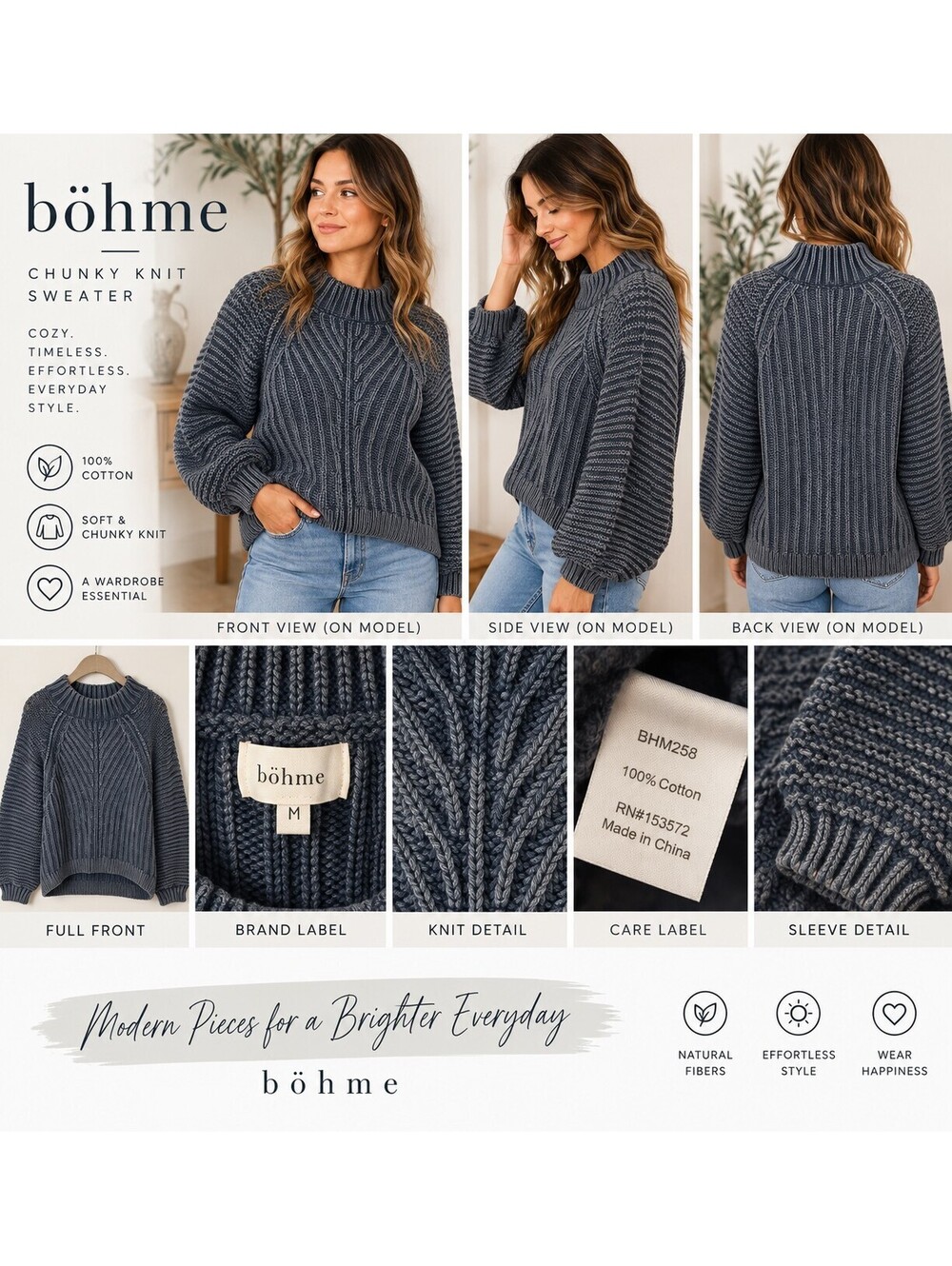 Bohme Chunky Knit Blue Turtleneck Sweater size medium